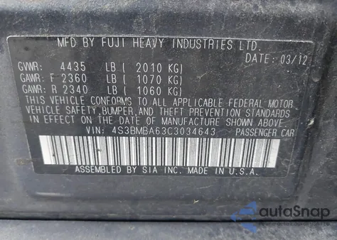 2012 Subaru Legacy 2.5I z USA, uszkodzony, nr VIN 4S3BMBA63C3034643